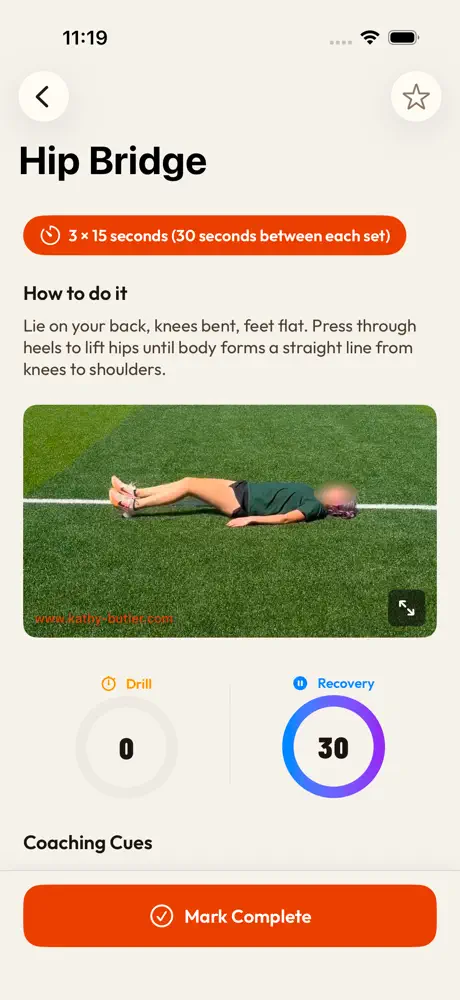Hip Bridge drill detail, coaching cues