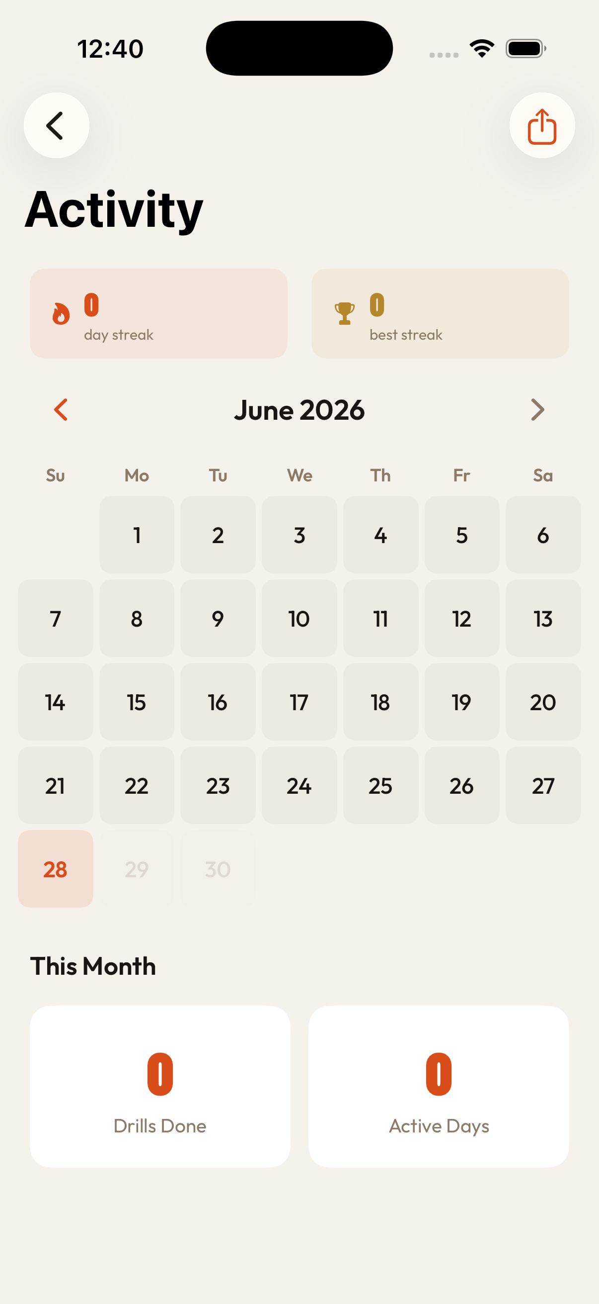 Activity calendar, streak tracking